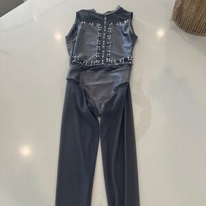 Dance Costume - CH MED - Grey pants unitard with mesh legs/sleevless, stoned